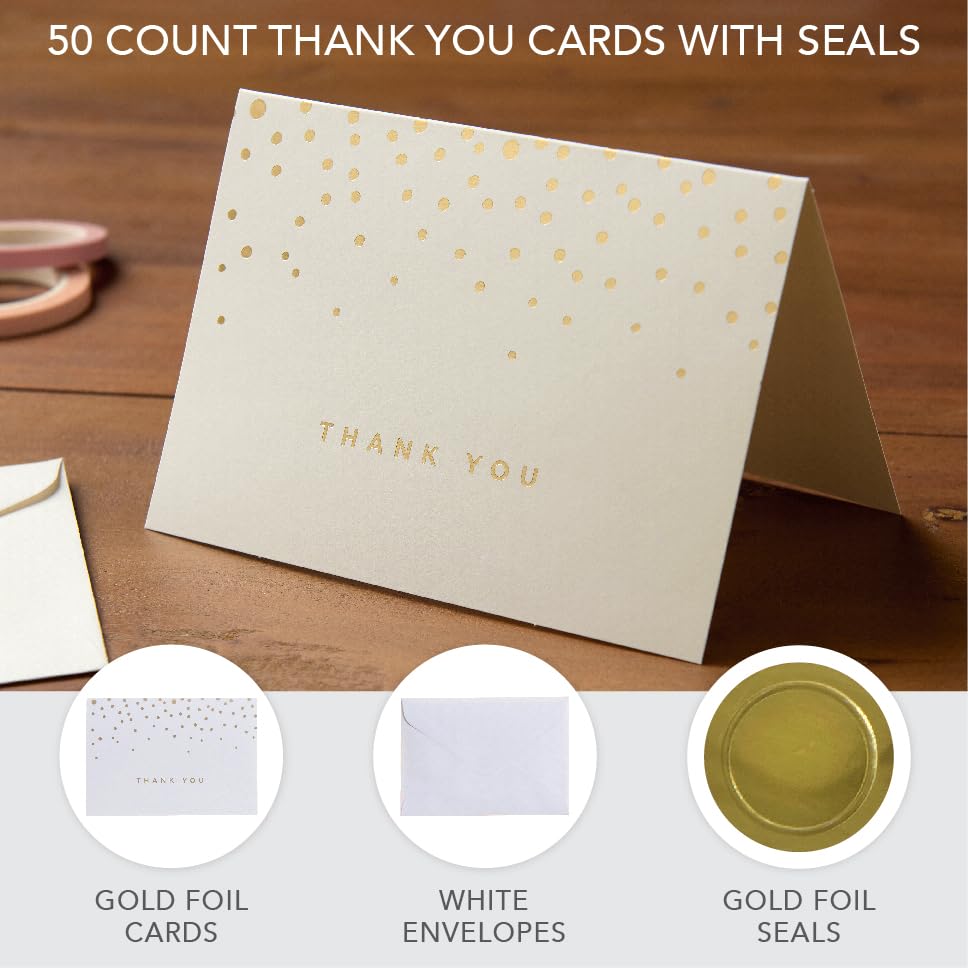 Gartner Studios Gold Foil Dots Thank You Cards with Envelopes, 50-Pack | Send gratitude in style for showers & events. 50 blank folded notes with gold foil dots, envelopes & gold foil seals. - color: White and Gold, size: 3.5 inches x 5 inches