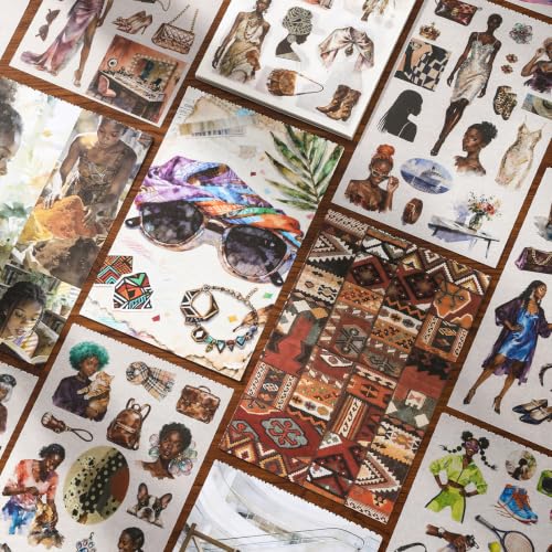 Black Women Sticker Book, 500+ Fashion Ladies and Clothes Shoes Bags Scrapbook Stickers for Junk Journals 20 A5 Scrapbook Papers, Retro Washi Sticker Book for Adults, Ephemera Scrapbooking Supplies - color: Black Girl