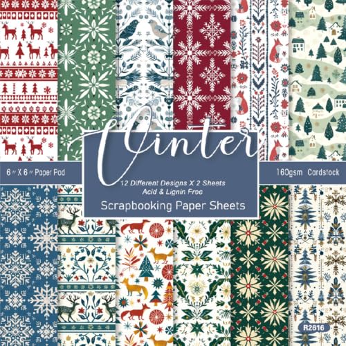 24 Sheets Christmas Scrapbooking Paper Pad - 6inch Patterns Designed Supplies for Valentine Christmas DIY Crafts Cardstock Material Journals Collage Diary Gift Folded Wrapping