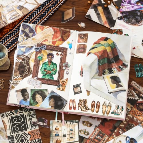 Black Women Sticker Book, 500+ Fashion Ladies and Clothes Shoes Bags Scrapbook Stickers for Junk Journals 20 A5 Scrapbook Papers, Retro Washi Sticker Book for Adults, Ephemera Scrapbooking Supplies - color: Black Girl