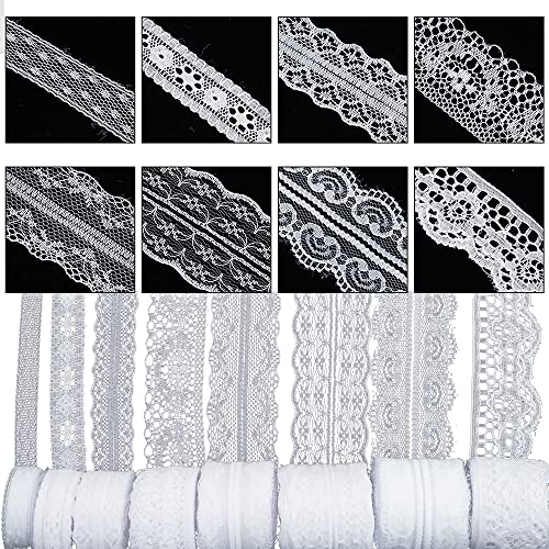 80 Yards White Lace Trim Ribbon,8 Rolls Crochet Sewing Assorted Patterns Vintage Floral Lace Ribbons for Sewing DIY,Gift Wrap,Scrapbooking, Bridal Shower Wedding Decor, 10 Yards Each Roll - color: White