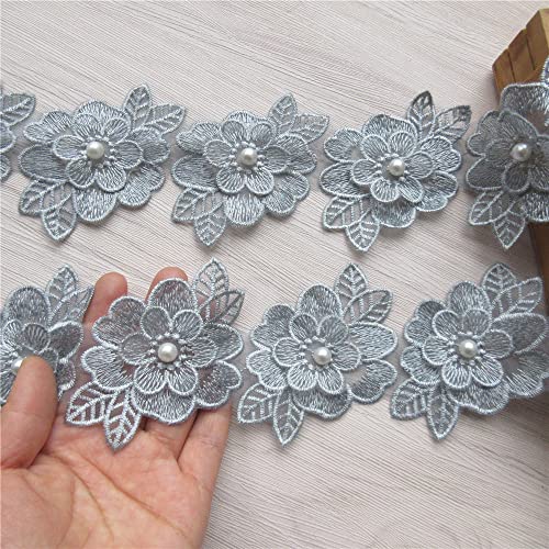 2 Yards 3D Flower Lace Trim Pearl Embroidered Polyester Lace Ribbon Fabric Applique Patchwork for Wedding Dress Handmade DIY Sewing Craft Supplies Decoration (Grey) - color: Grey