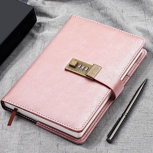 WEMATE Diary with Lock, A5 PU Leather Locked Journal 240 Pages Rose Gold | Vintage Lock Journal Notebook with Pen & Gift Box, Lock Diary Planner Organizer for Men and Women, 8.6x5.8in - color: Rose Gold