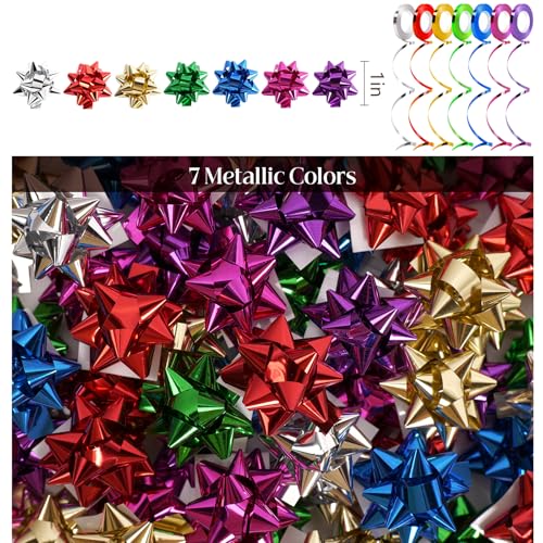 100Pcs 1" Mini Gift Bows and 14 Rolls Curling Ribbon Set, Metallic Wraping Bows Ribbons for Gift Wrapping, Party, Festival, Crafting, Wedding - color: Metallic, size: 1'' 100 Pcs Gift Bows with 14 rolls Ribbons