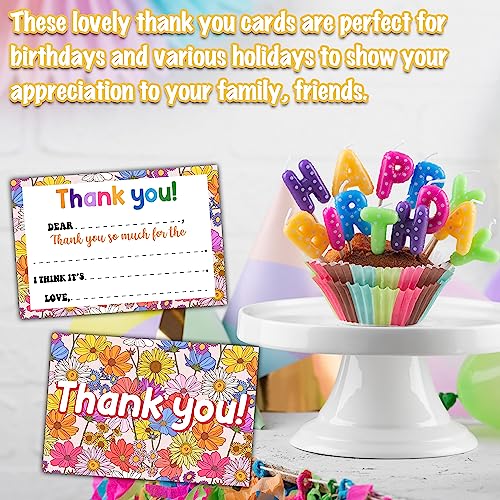 Wildflowers Thank You Cards, Daisy Themed Fill In The Blank Thank You Card, Appreciation Notes for Boys Girls, Floral Birthday Party Favors Supplies (20 Set of Cards with Envelopes) - B11 - color: Daisy