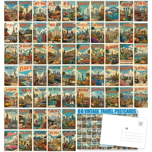 LCLAIDYDY 60 Vintage Travel Postcard Set,World Famous Country City Illustrations, 4x6 Mailing Post Cards, Wall Decor Posters for Travelers