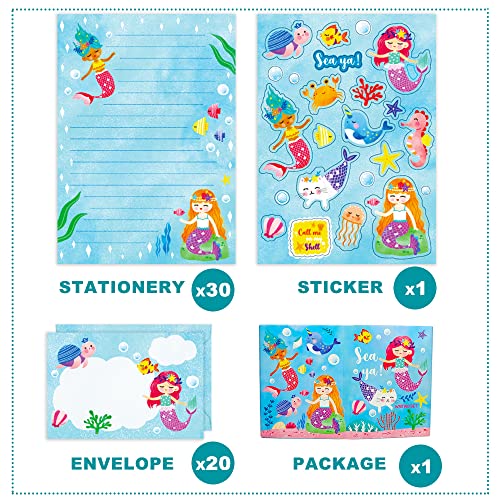 KiDEPOCH Lined Stationary Paper and Envelopes Set for Kids Mermaid Stationary Set for Girls with Lined Letter Writing Paper – 30 Sheets + 20 Envelopes, 8.3 x 5.9 Inch of Each Stationary Paper - style: Mermaid