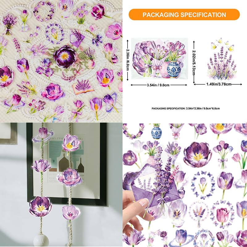 56Pcs Natural Flower PET Stickers Set | Transparent floral decals with lavender and tulip designs for scrapbooking, journals,laptops and personal decor. - style: Purple Tulip Floral