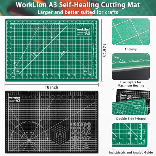 Worklion Self Healing Craft Mat: 18"x12" Rotary Cutting Mat for Sewing,Quilting,Leather,Craft,Fabric,Model,Art,Clay,5-layer 2-sided Cutting Mat, green and black - color: Black/Green, size: 18"L x 12"W