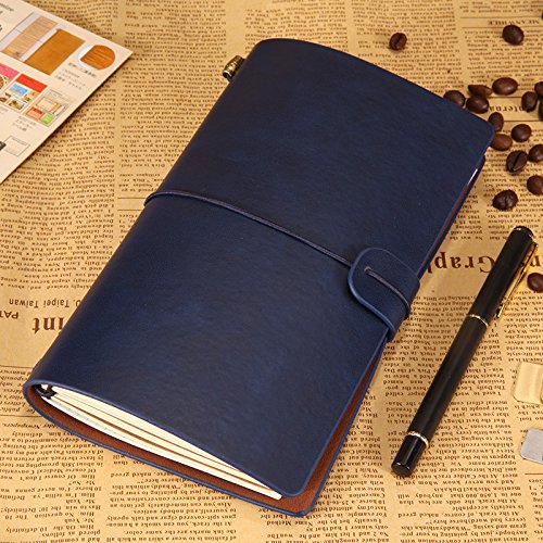 AYNEFY Travel Notebook, 34 Sheets 68 Pages PU Leather Cover Travel Journal Personalized Journal Diary Refillable Notepad for Writing Gifts Travelers Professionals (Dark Blue) - color: Dark blue