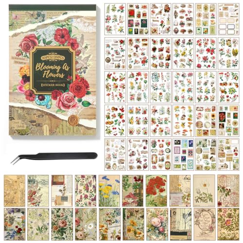 Flower Sticker Book for Scrapbooking, 500+ Floral Stickers for Junk Journal Supplies and 20 A5 Aesthetic Scrapbook Paper, Vintage Stickers for Journaling Ephemera Sticker Book for Adults DIY Crafts - color: Blooming as Flowers