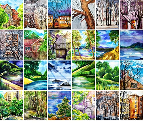 PIXILUV Vintage Postcards (24 pcs 4"x6" each) Small Town Watercolor Sketch Vintage Postcards Book Illustrations Reprint - color: Two