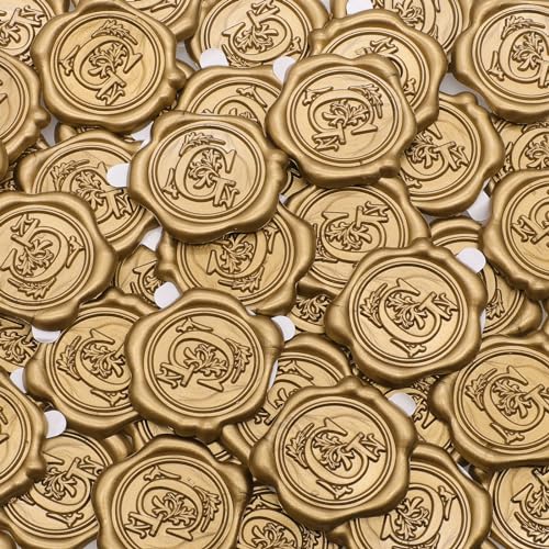 50pcs Antique Gold Wax Seal Stickers, Initial Alphabet G Envelope Seal, Self-Adhesive Letter Pre-made From Real Sealing Wax for Wedding Invitation, Gift Wrapping (G)