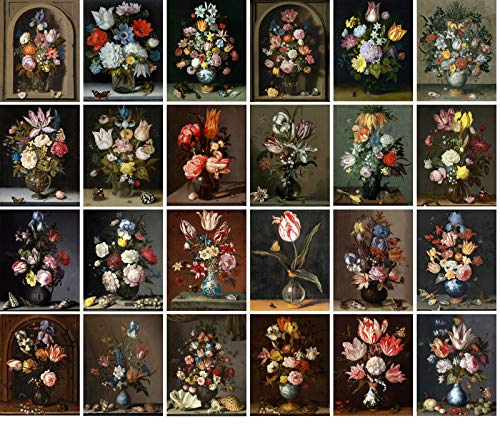 PIXILUV Vintage PostCards 24 pcs Vintage PostCards 24 pcs FLOWERS BOUQUET STILL LIFE Antique Museum Painting Art by Balthasar Retro Poster REPRINT - color: Red