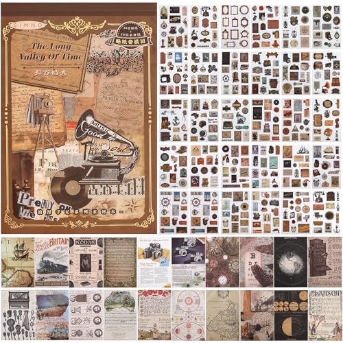 Auguro Vintage Scrapbook Book With 413 Stickers and 20 Sheets of Paper - Adult DIY Sticker Book for Journaling, Vintage Ephemera, Washi - color: Vintage