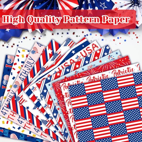 Konsait 24 Sheets Patriotic Double Sided Scrapbook Paper 12x12 Red White Blue 4th of July Pattern Paper with Stars & Stripes for Card Making, Junk Journaling, DIY Crafts and Holiday Decor