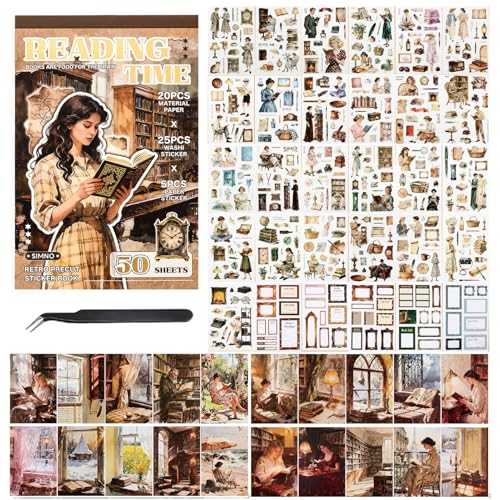 Aesthetic Scrapbooking Stickers Supplies for Junk Journal, 30 Sheets 500+ Vintage Washi Stickers for Journaling and 20 A5 Scrapbook Papers, Pre-Cut Ephemera Sticker Book for Adults DIY Crafts - color: Reading Time