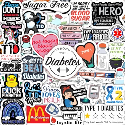 100Pcs Funny Diabetes Stickers for Water Bottle & Laptop - Gifts for Diabetics, Diabetes Awareness Month, Waterproof Vinyl Decals, Gifts for Women & Men - color: Diabetes Stickers (Funny)