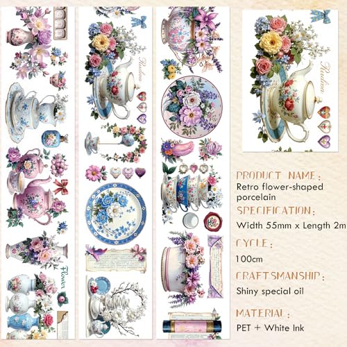 Sitsink PET Tape for Journal Scrapbooking - Vintage Porcelain Floral Retro Teapot Rose Bouquet PET Tape Stickers for Crafts Junk Journal Supplies Notebook Scrapbook DIY Décor - style: Vintage Flower Plate