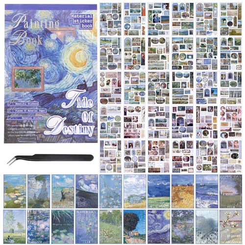 Vintage Scrapbook Stickers, 50 Sheets Aesthetic Oil Painting Sticker Book for Adults with 450pcs Washi Stickers and 20 Sheets Scrapbook Paper Ephemera Sticker Book for Junk Journal Journaling Supplies - color: Oil Painting
