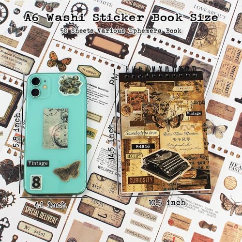 50 Sheets Precut Dark Academia Washi Stickers Book for Journaling, 604PCS Vintage Scrapbook Stickers, Ephemera for Junk Journal Supplies, Scrapbooking, Bujo, Collage, Adults Crafts Arts - color: Retro Time