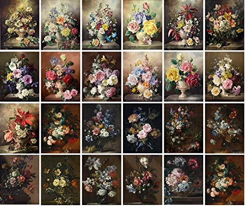 PIXILUV Vintage PostCards 24 pcs FLOWERS IN VASE STILL LIFE Antique Museum Painting Art by Harold Retro Poster REPRINT - color: White