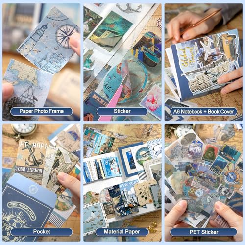 miikoul Vintage Scrapbooking Supplies Kit for Teen Girl Kid Women Diy Gift - color: Blue Travel