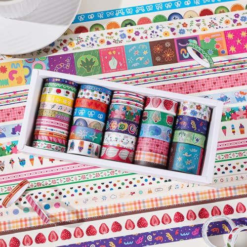 32 Rolls Washi Tape Set, Multicolored Cute Graffiti Painting Decorative Tapes, Scrapbooking and Journal Supplies, Junk Journaling Scrapbook Supplies, DIY Craft Projects Materials for Girls and Women - color: Cute Painting II