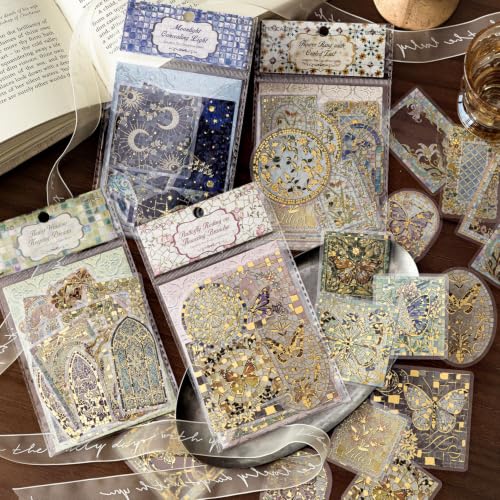 80 Pcs Large PET Gold Foil Holographic Pre-Cut Stickers Set Pre-Cut Resin Sticker for Bridal Wedding Scrapbooking Junk Journaling Supplies Planner Bullet Letter Envelope Decorative - color: Colorful Bricks-4 Sets