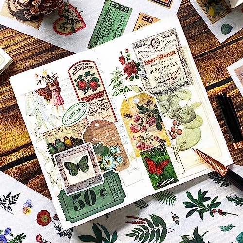 Vintage Washi Stickers for Scrapbooking, Aesthetic Sticker Book for Journaling with 30 Sheets Scrapbook Stickers and 20 Sheets Scrapbook Papers for Bullet Junk Journals Set for Adults with Tweezers - color: Poetry of Forest