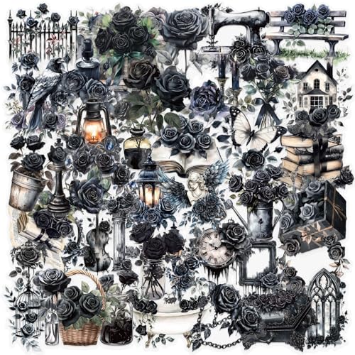 50-Piece Gothic Black Rose Stickers - Vintage Transparent Waterproof Scrapbook Stickers for Journaling, Gothic Decor, Planners - Dark Aesthetic with Floral, Book, Candle, Angel - color: Black Rose