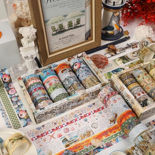 Vintage Washi Tape Set - 24 Rolls Arts Adhesive Tapes Assorted Retro Decorative Masking Tape Sets for Craft, Kids, Scrapbook, DIY, Gift Wrapping (8-Sea Treasures) - color: 8-Sea Treasures