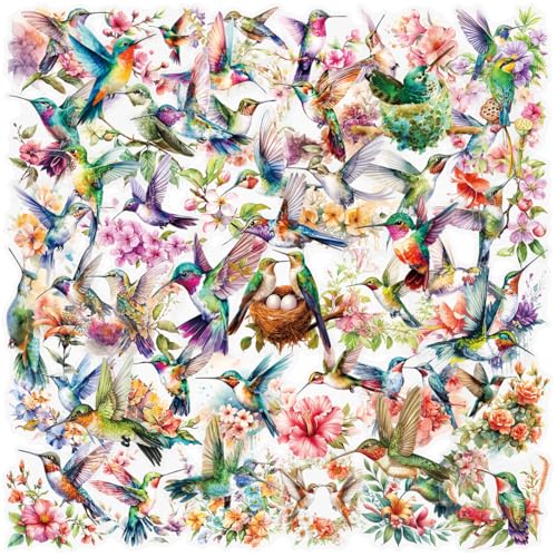 50 Pcs Watercolor Hummingbird Stickers Vintage for Journals | Transparent vinyl decals with vintage floral & hummingbird art. Perfect for laptops, water bottles, phone cases - style: Watercolor Hummingbird