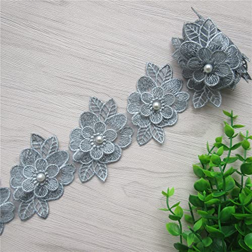 2 Yards 3D Flower Lace Trim Pearl Embroidered Polyester Lace Ribbon Fabric Applique Patchwork for Wedding Dress Handmade DIY Sewing Craft Supplies Decoration (Grey) - color: Grey