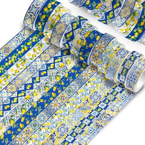12 Pcs Lemon Washi Tape Set Blue Tiles and Yellow Lemon Patterned Masking Tape Blue Tiles Decorative Paper for Scrapbook DIY, Planner, Craft Gift Wrapping Handbook Sticker