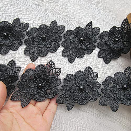 2 Yards 3D Flower Lace Trim Pearl Embroidered Polyester Lace Ribbon Fabric Applique Patchwork for Wedding Dress Handmade DIY Sewing Craft Supplies Decoration (Black) - color: Black