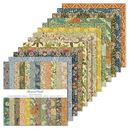 24 Sheets 12x12 Scrapbook Paper, Vintage Floral Scrapbook Supplies (Green) | Double Sided Decorative Patterned Paper, Scrapbooking Supplies for Junk Journal, Card Making or Collage, 24 Unique Designs - color: Green