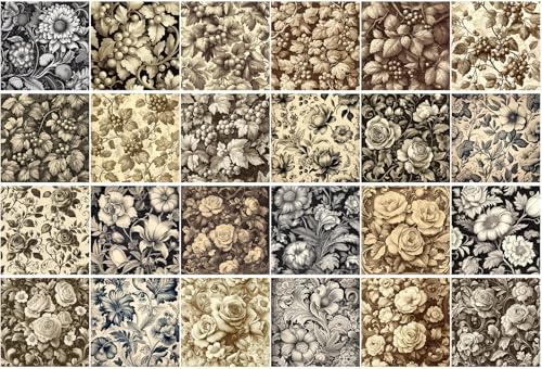 FLONZ Scrapbook Paper (24 sheets 6"x6") Vintage Floral Engravings ~ Detailed monochrome flower compositions in retro botanical engraving style, rendered through digital etching and stippling