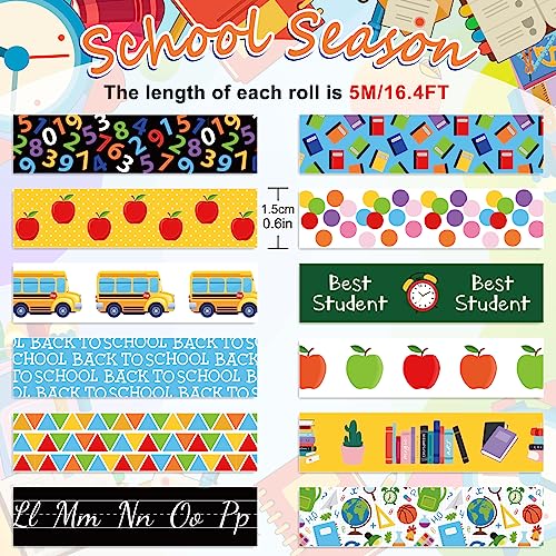 Whaline 12 Rolls Back to School Washi Tape First Day of School Colorful Washi Masking Tape Apples Book School Bus Decorative Paper Adhesive Stickers for Scrapbook Gift Wrapping DIY Art Crafts, 16.4Ft - style: Style 2