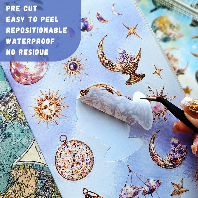 Vintage Astrology Sticker Book & Scrapbook Paper Pad, 40 Inner Pages with 20 Matte Sticker Sheets and 20 Double-Sided Decorative Paper Sheets, Celestial Junk Journal Supplies - color: Retro Astrology