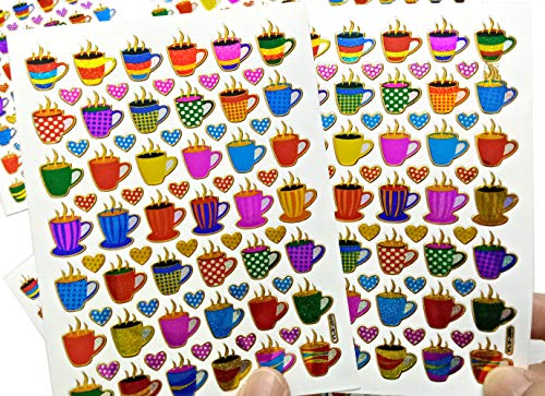 Coffee Tea Cup Waterproof Self-Adhesive Metallic Foil Decorative Scrapbook Sticker, Nice Size for Day Planner, Homemade Calendar, Journal, Letters, and Cards. (420 Stickers) (ST-10-COFFEE)
