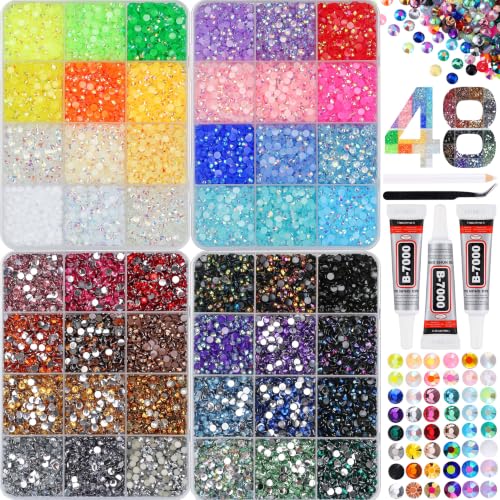 48000PCS Bedazzling Kit with 4 Box, 3mm Flatback Resin Rhinestones, Tweezers & Wax Pen, Multi-Color Crystal Diamonds for Nail Art, Tumblers, Clothes & Phone Case Decoration, DIY Projects