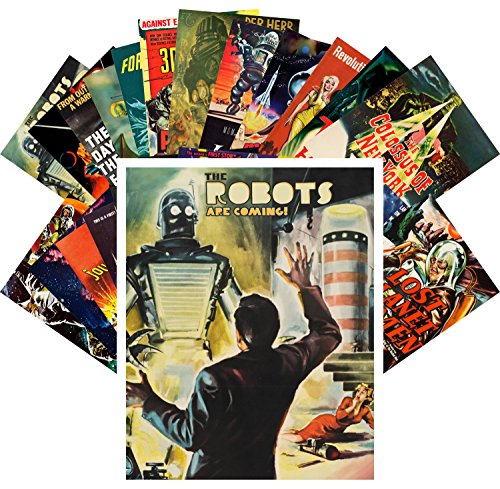 PIXILUV Vintage PostCards 24 pcs Robots Are Coming Vintage Movie Poster SciFi Space Battle - color: Green