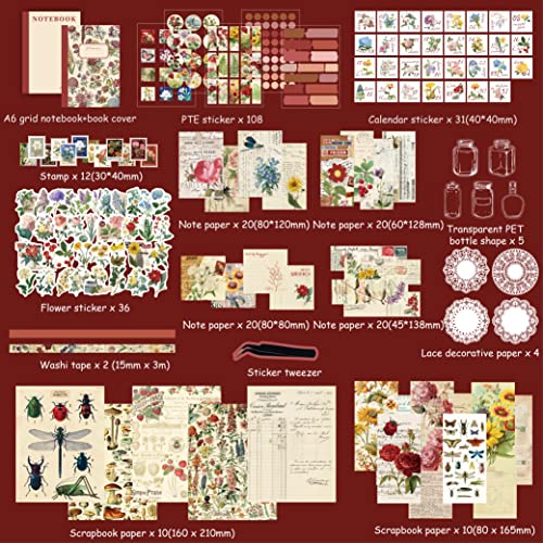 emmoolife Vintage Aesthetic Scrapbooking Supplies Kit, Flowers Botanical Bullet Junk Journal Kit with Journaling Supplies, Tweezers, A6 Grid Notebook,Stationery,Sticker, Birthday Craft Gift for Adult - color: Flower