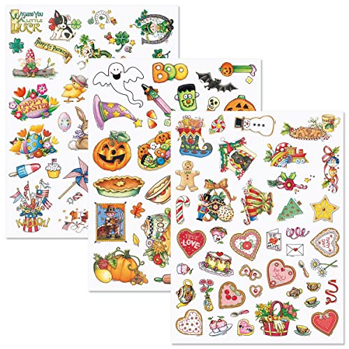 Current Holiday Sticker Variety Pack | Mary Engelbreit Year-Round, 220 Stickers, 6 Sheets, Largest is 1 3/4" x 2 1/2", Christmas, Easter, 4th of July, Thanksgiving - color: Mary Year-round