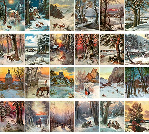 PIXILUV Vintage PostCards 24 pcs Winter Rural Life Christmas Landscapes Vintage Art - color: Green