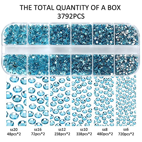 3792pcs Aquamarine Crystal Flatback Rhinestones Glass Diamantes Round Gems for Crafts Nail, Makeup, Clothes, Mixed 6 Sizes with Wax Pencil and Tweezer Kit(SS6~SS20) - color: Aquamarine