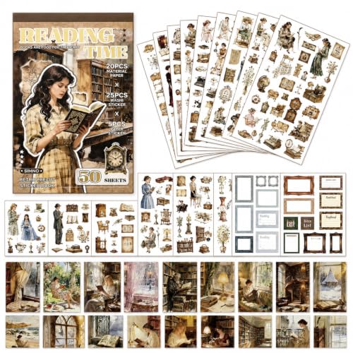 50 Sheets Precut Reading Journal Sticker Book, Vintage Scrapbook Kit - color: Reading Journal Book