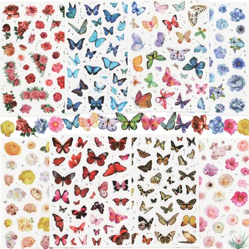 Butterfly Floral Stickers(8 Sheets/ 260+pcs) PET Transparent Colorful Nature Stickers for Autumn Fall Scrapbooking Planner Journaling Wrapping DIY Crafts Cards Album Water Bottles Phone Cases Laptops - color: Butterfly Floral