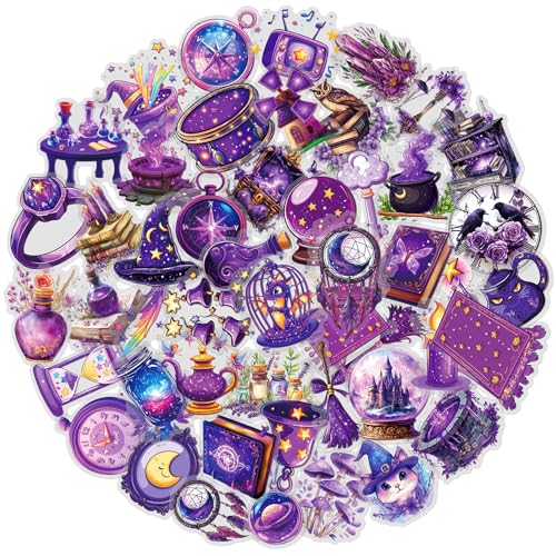 50 Pcs Magic Goth Stickers Waterproof Purple for Journals | Clear PET decals with mystical purple magic designs. Perfect for laptops, phone cases, journals, and DIY personalization. - style: Goth Stickers